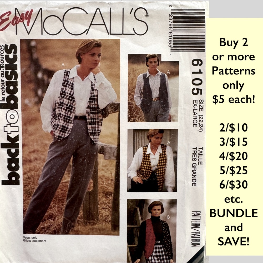 Vintage McCall's 6105 Easy Sewing Pattern Uncut Oversized Vest (22-24 XL)